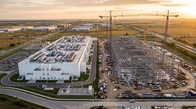 High Aerial of a Finished White Data Center Hall Beside a Steel Frame Building Under Construction With Four Tower Cranes Against a Hazy Golden Sunset Over Flat Farmland Industry