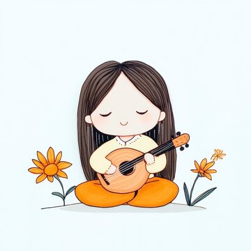 Cute Girl Playing Mandolin Amidst Flowers