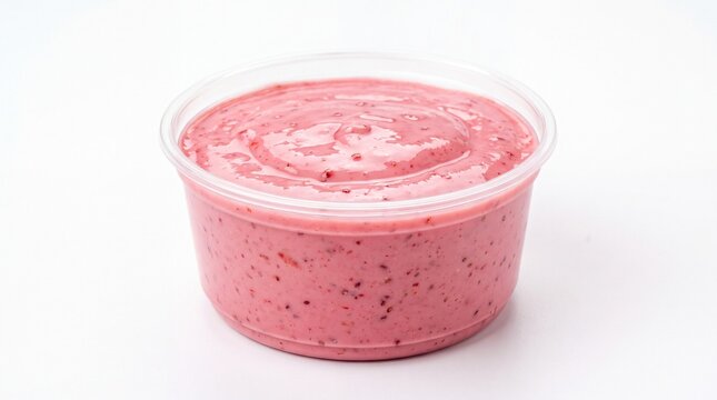 Creamy pink strawberry yogurt inside small clear plastic container served fresh isolated on white background