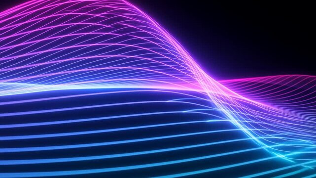 Luminous neon waveform ridge on dark panoramic background with magenta to cyan gradient, layered glowing lines, smooth curves, vivid contrast, futuristic digital abstract composition