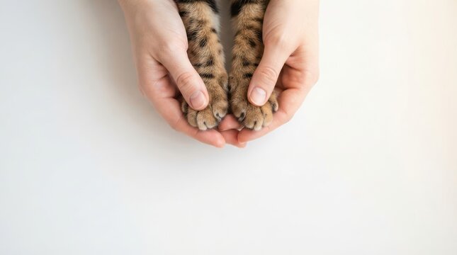 Closeup of a person holding a cats paws isolated on white background