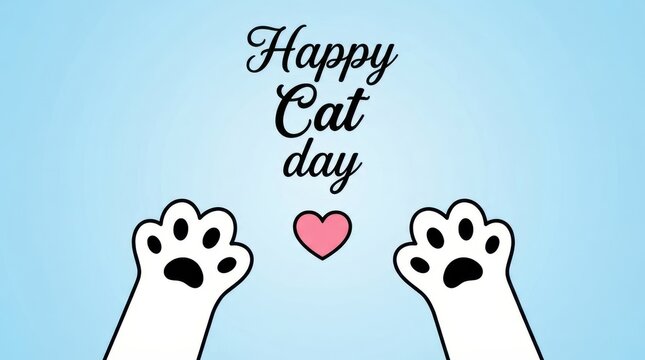 Happy cat day greeting card with cute white cat paws and a pink heart