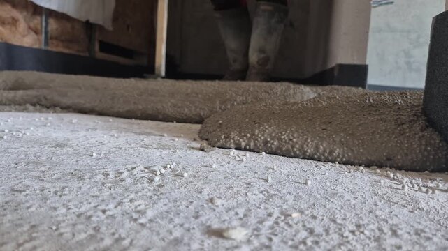 Low angle view of spreading polystyrene concrete in an apartment hallway, with the textured lightweight concrete mix moving towards the camera.