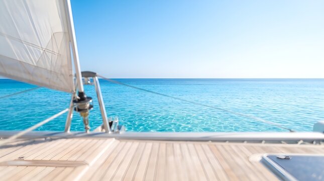 View from wooden deck of sailboat cruising on clear turquoise ocean under blue sky.