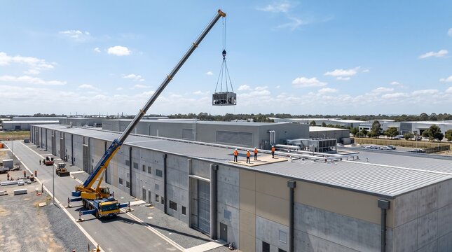 Elevated Three Quarter View of a Mobile Crane Hoisting a Grey Rooftop HVAC Unit Onto a Precast Concrete Data Hall Roof in Midday Sun With Distant Helmeted Workers on the Deck Industry