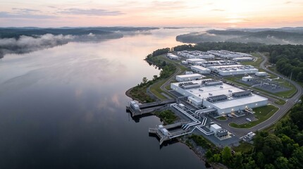 High Dawn Aerial of a White Data Center Campus on a Wooded Headland Beside a Broad Mist Covered Reservoir With Silver Intake Pipework Running Down to the Shoreline Technology © Iryna