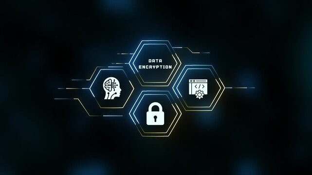 Data encryption cyber-security display with glowing hexagon digital technology icons banner.