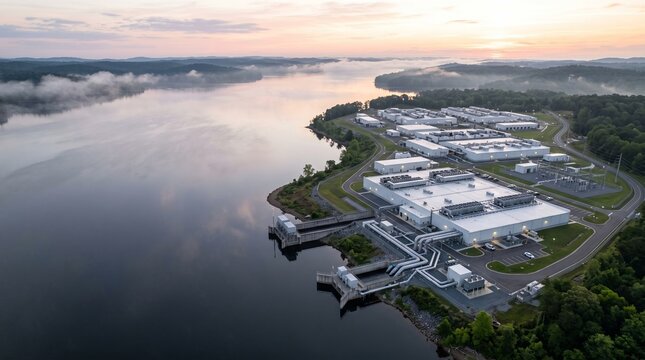 High Dawn Aerial of a White Data Center Campus on a Wooded Headland Beside a Broad Mist Covered Reservoir With Silver Intake Pipework Running Down to the Shoreline Technology