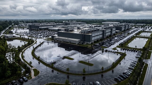 Aerial of a Grey and White Multi Building Data Center Campus After Heavy Rain With a Flooded Parking Lot Mirroring the Storm Clouds and Retention Ponds Either Side Technology