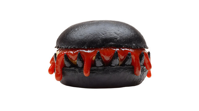 Scary burger with black bun ketchup teeth