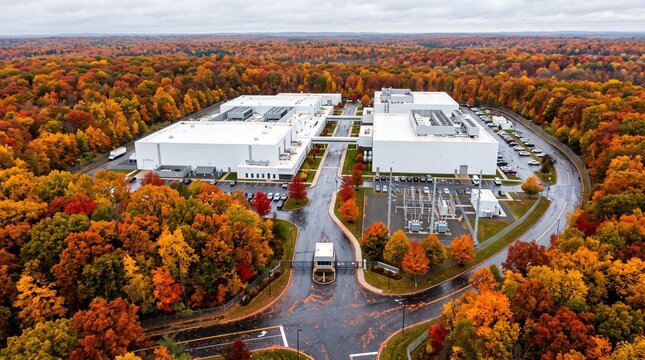 Aerial of a White Data Center Campus With Rooftop Chillers and Solar Arrays in a Clearing Surrounded by Peak Autumn Hardwood Forest in Red Orange and Gold Technology
