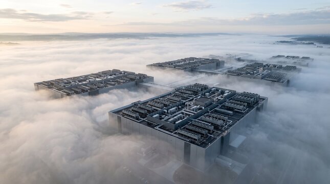High Aerial of Four Concrete Data Hall Blocks With Rooftop Chiller Banks Poking Up Through a Thick Fog Layer With Forested Ridgelines and a Pale Peach Dawn Sky Technology
