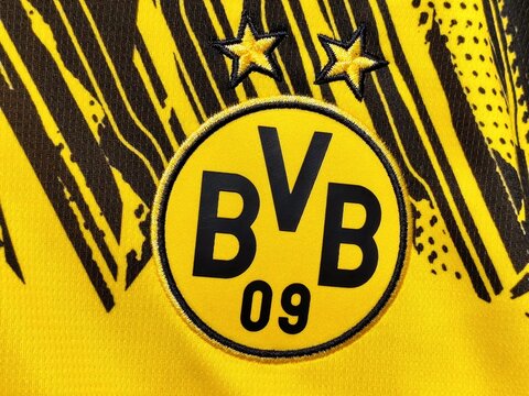 Photo of the embroidered emblem of Borussia Dortmund on the 2025&ndash;2026 home kit.  BVB is a German professional sports club based in North Rhine-Westphalia.