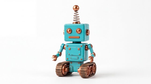 Vintage toy robot with blue metal body and copper details posing isolated on white background
