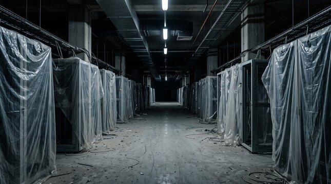 Interior of a Decommissioned Data Hall With Bare Aluminium Rack Frames Shrouded in Translucent Dust Sheeting on a Dust Covered Raised Floor With Lifted Tiles and Loose Cabling Technology