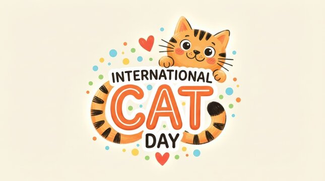 International cat day illustration with cute orange tabby cat