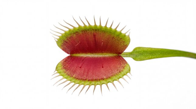 Detailed vibrant venus flytrap plant showing sharp teeth and red interior isolated on white background