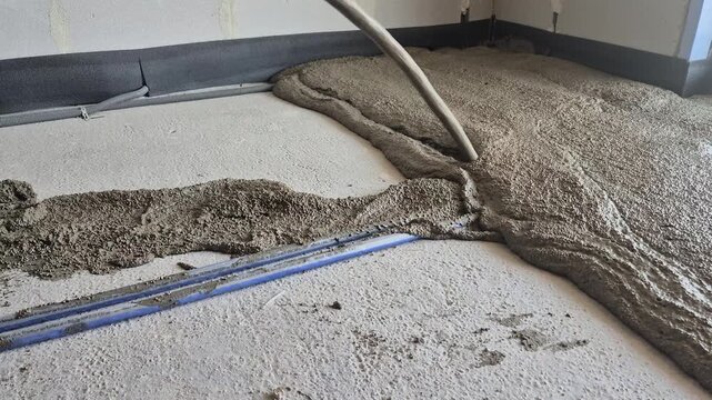 Slow motion medium shot of insulating polystyrene concrete covering underfloor heating lines and electric conduits.