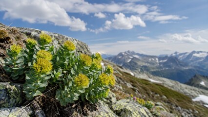 Fototapeta premium Yellow wildflowers grow on rocky terrain in a mountainous landscape under a partly cloudy blue sky.
