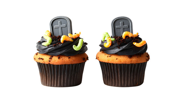 Halloween cupcakes with tombstone and worms