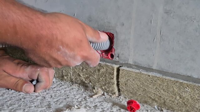 Electrician inserting the end of a flexible plastic conduit into a flush mounted electrical wall box.