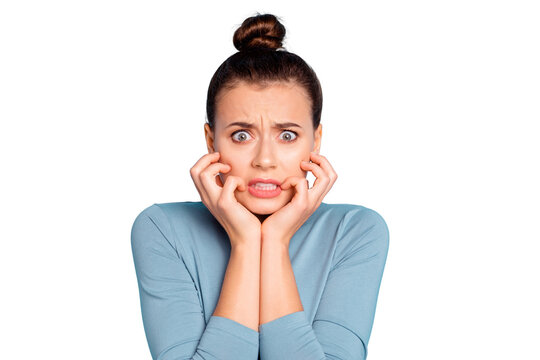 Close up photo beautiful amazing she her lady oh no lose epic fail face hold hands arms raised cheeks cheekbones funny funky stylish hairstyle wear sweater pullover isolated blue bright background