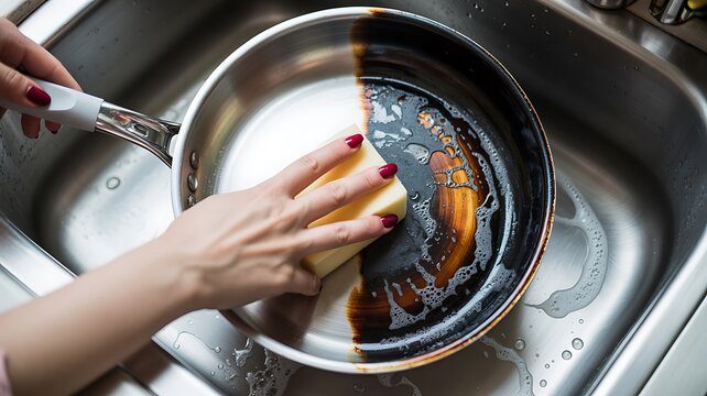 Person washing a dirty frying pan in a sink