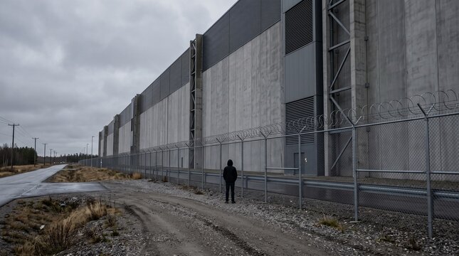 Wide Low Angle on an Overcast Day With a Razor Wire Topped Chain Link Fence Running Past a Massive Grey Precast Data Center Wall and a Hooded Figure Standing Back to Camera Technology
