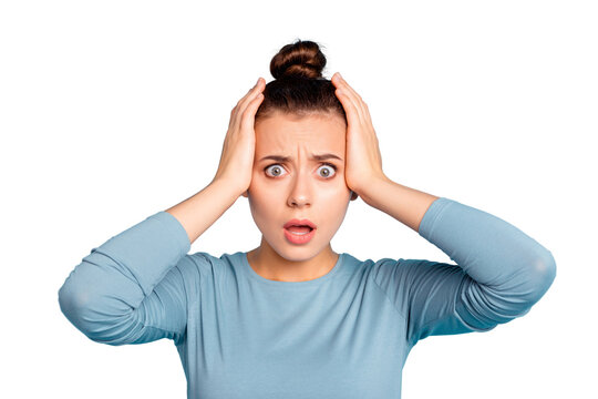 Close up photo beautiful she her lady hold open arm hand palm hold head temples oh no facial expression epic fail fear awful situation wear casual sweater pullover isolated blue bright background