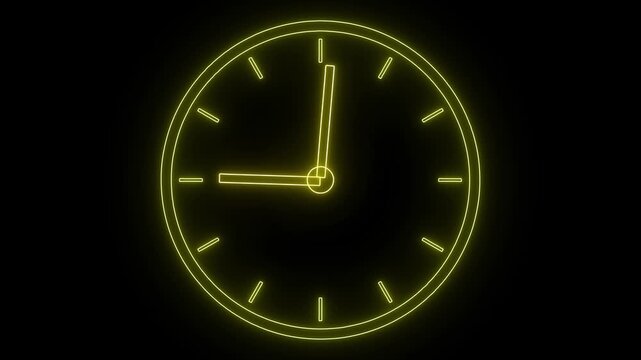 Glowing neon yellow color clock icon animation watch stopwatch timer circle wall clock clock dial fast minute hours icon seamless effect footage on black background	