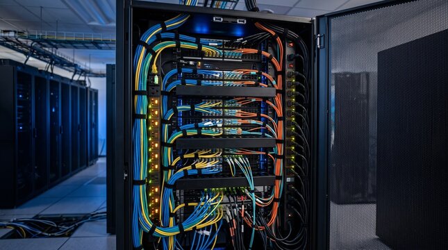 Head On Hero Shot of a Single Open Doored Server Rack Packed With Vivid Blue Yellow Green and Orange Patch Cabling Flanked by Vertical PDU Strips of Glowing Amber Outlets Technology