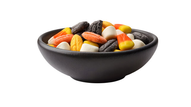 Halloween candy corns in black bowl close up