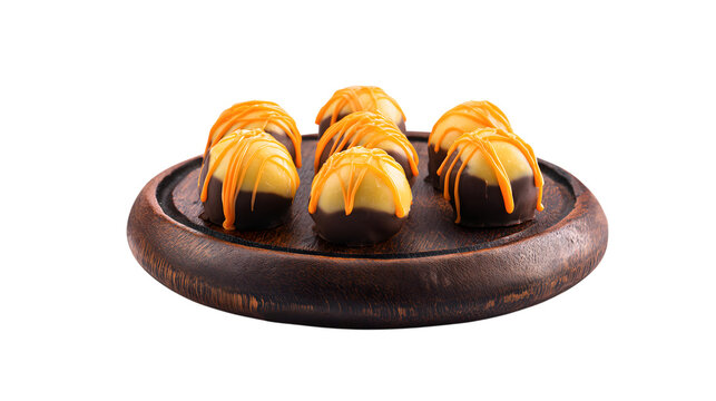 Eight chocolate candies with orange drizzle