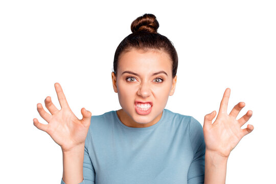 Close up photo beautiful she her lady arms hands raised showing claws violence frightening picture after watch horror film movie peekaboo wear casual sweater pullover isolated blue bright background