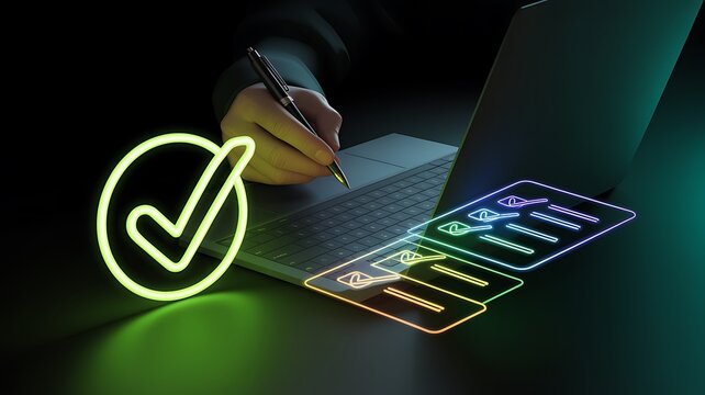 Neon check mark and checklist on paper