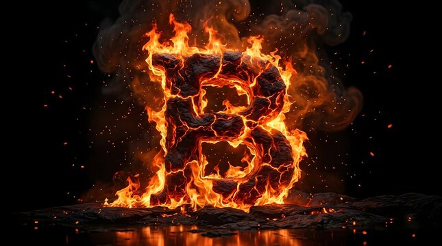 Fiery letter B formed from volcanic rock with glowing lava and smoke on a black background