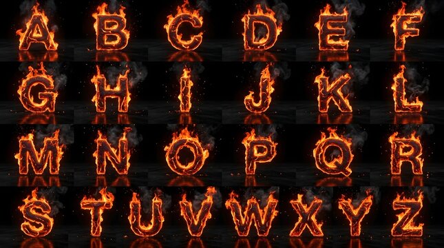 Complete English Alphabet Set Rendered as Burning Fiery Letters on Dark Reflective Surface
