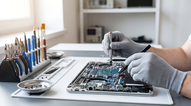 AI Generated Technician Repairing Laptop Motherboard with Precision Screwdriver for Professional Electronics Maintenance and Computer Hardware Service