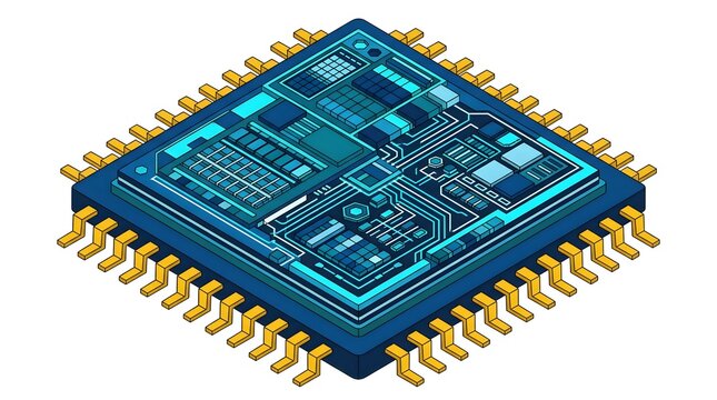 Isometric computer processor unit chip with digital circuit board design on white background