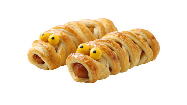 Two mummy hot dogs with yellow eyes