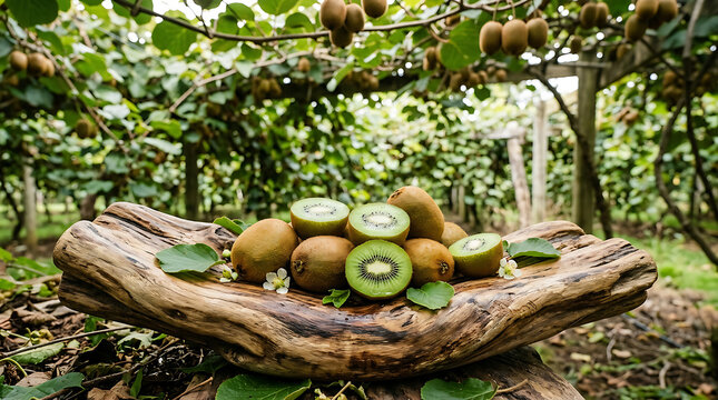 Fresh kiwi fruits displayed on a wooden log in orchard.