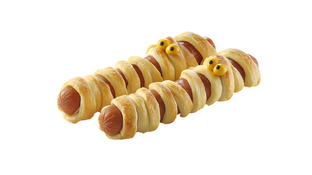 Three mummy hot dogs with candy eyes