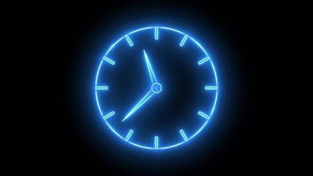 Glowing neon blue color clock icon animation watch stopwatch timer circle wall clock clock dial fast minute hours icon seamless effect footage on black background	