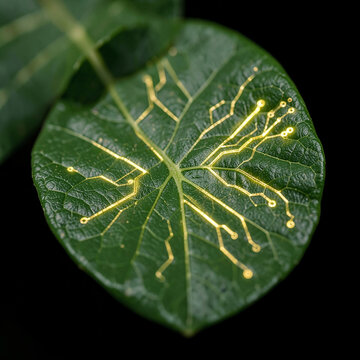 Green leaf with glowing circuit board veins sustainable technology concept macro