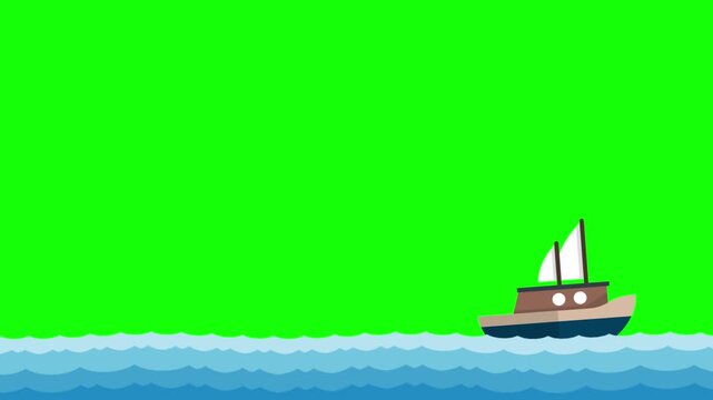Boat sailing across a stylized blue ocean with soft rolling waves is depicted against a solid green screen background to provide a clean and simple maritime travel concept for digital media.