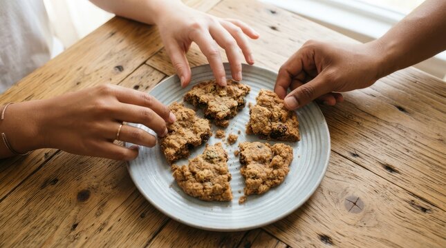 Closeup of two people reaching for oatmeal raisin cookies on a plate