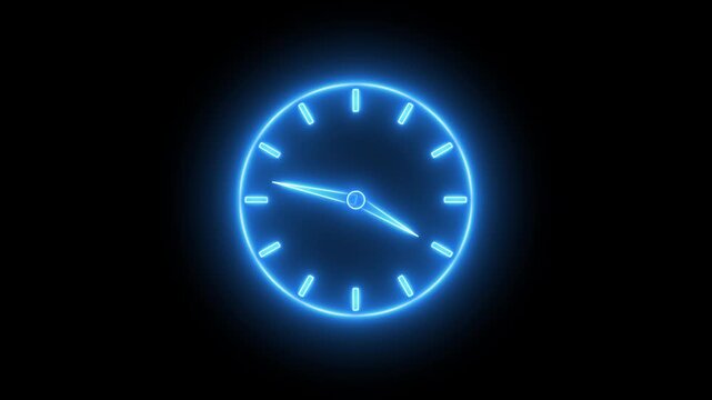 Glowing neon blue color clock icon animation watch stopwatch timer circle wall clock clock dial fast minute hours icon seamless effect footage on black background	