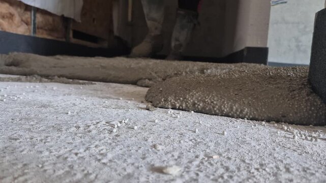 Slow motion macro shot of lightweight polystyrene concrete flowing directly at the camera, showing detailed texture of expanded foam beads.