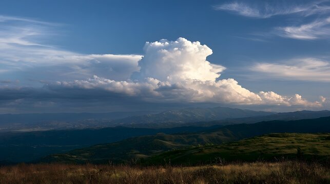 A majestic cumulonimbus cloud towers over rolling green hills under a vast blue sky with wispy cirrus clouds