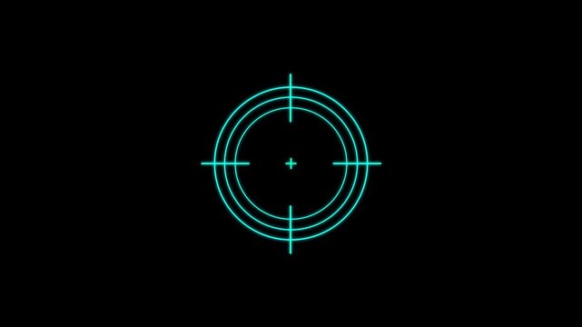Shooting Target cyan Icon With Glitch Effect 4k animation of black background and sniper gun goal target symbol icon video.